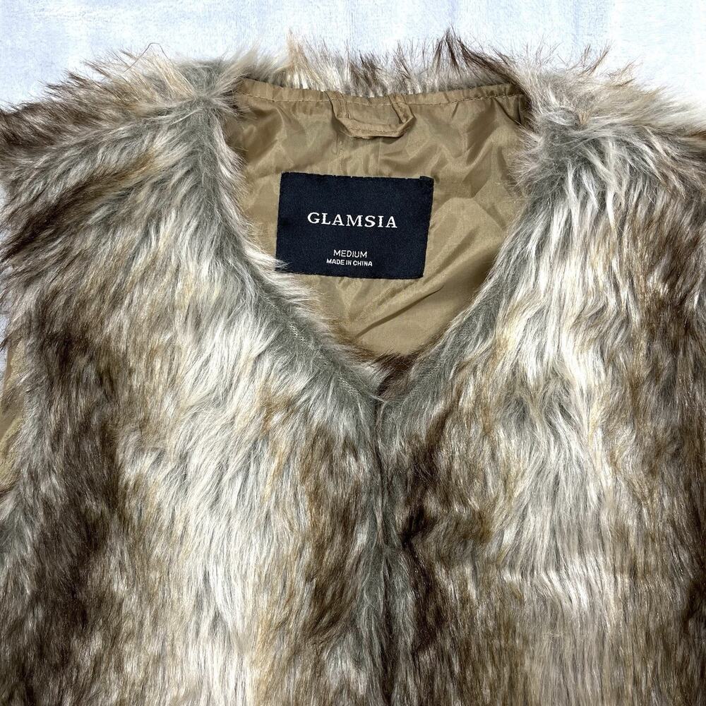 Boho Glam Faux Fur Vest Sz M Variegated Brown Silver Fox Hippie Party Rock Star